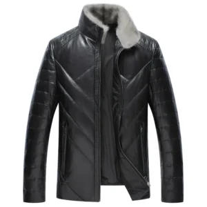 Menâ€™s Black Genuine Sheepskin Faux Fur Collar Quilted Shoulders Padded Thick Winter Warm Puffer Leather Jacket